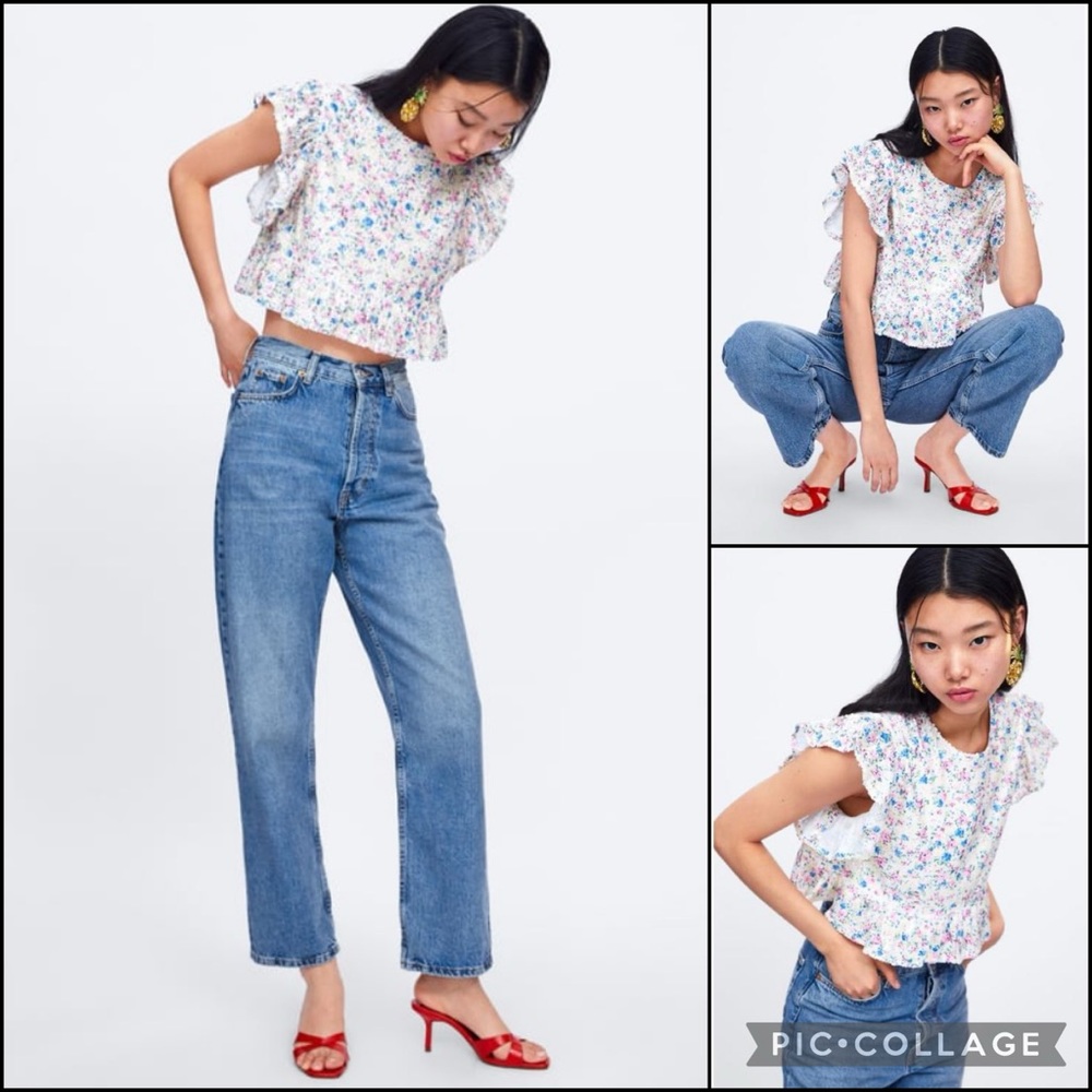 Zara Sequin Pastel Floral Ruffle Crop Top Blouse